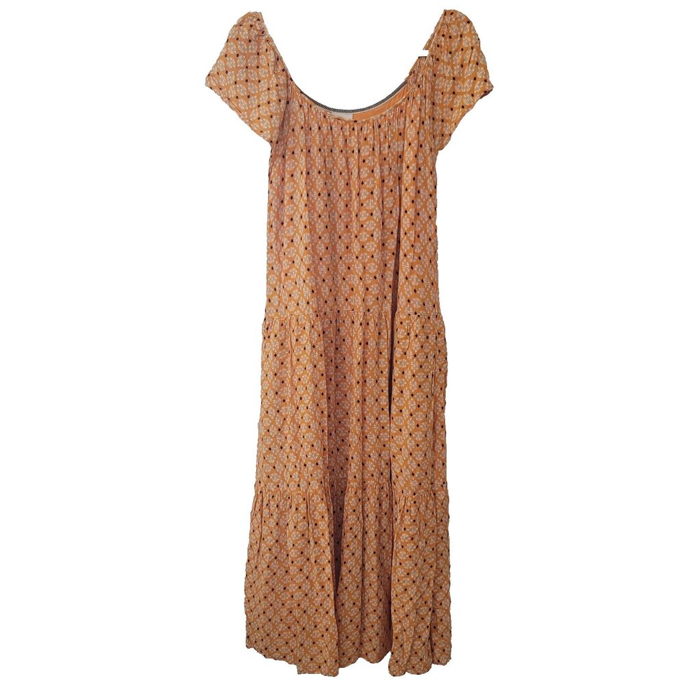 Women's Tiered Maxi Dress w/Pockets SZ L Peasant Boho Orange Blue Diamond - Picture 5 of 14